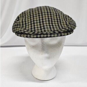 Wigens Sweden Mens Green Black Plaid Wool Flat Cap Leather Trim Ivy Hat L